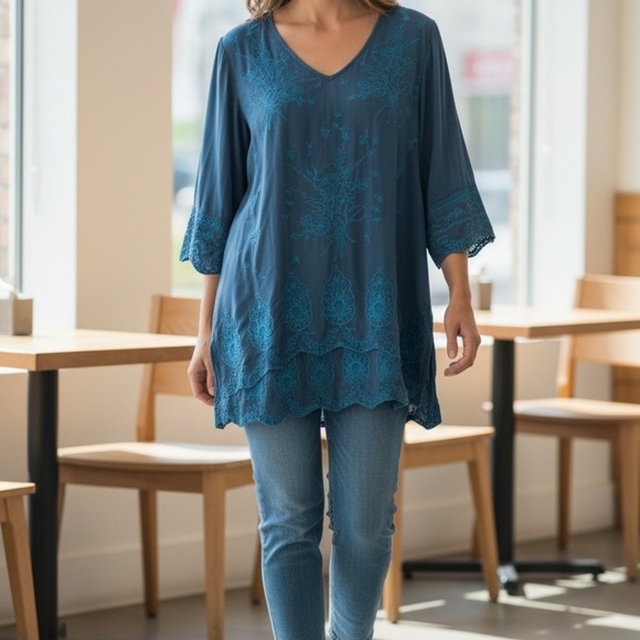 paparazzi Tops - Elegant Blue Embroidered Women's Top